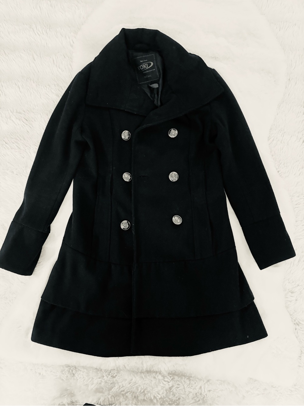 Yoki Black Double-Breasted Pea Coat with Silver Buttons